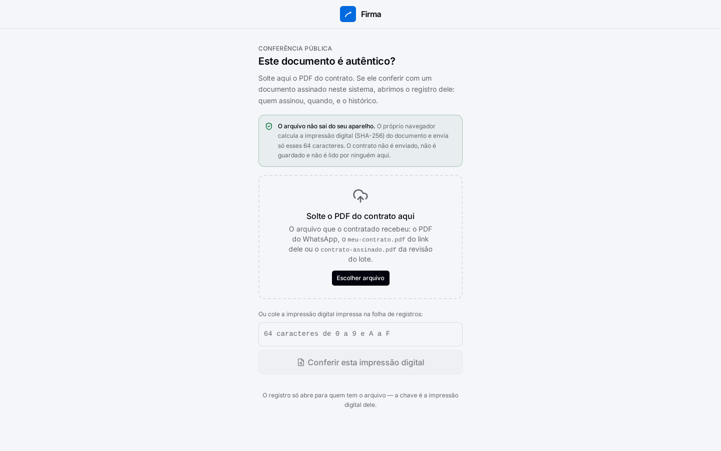 A página pública de conferência, onde qualquer pessoa confere uma via sem precisar de login.