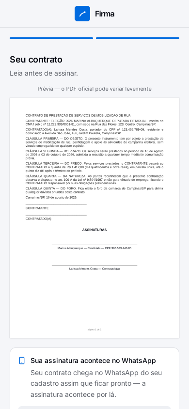 A tela que a pessoa abre no celular: “Seu contrato — leia antes de assinar”, com a prévia do PDF e o aviso de que a assinatura acontece no WhatsApp.