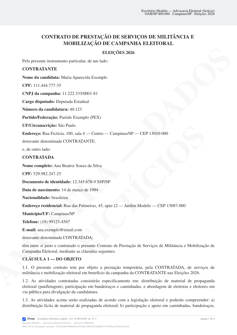 Primeira página da via assinada, com as cláusulas do contrato e o rodapé com o identificador.