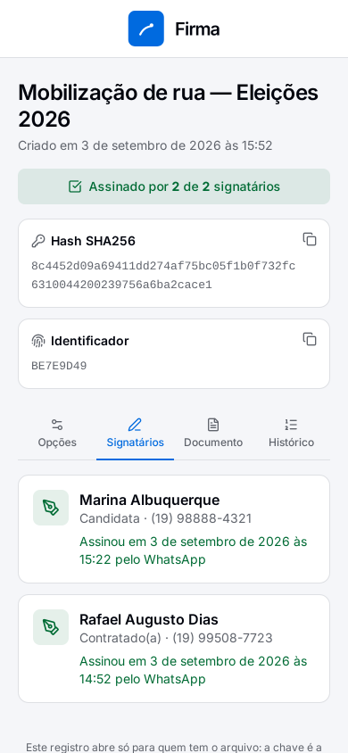 A aba de signatários: quem assinou, em que papel e quando.